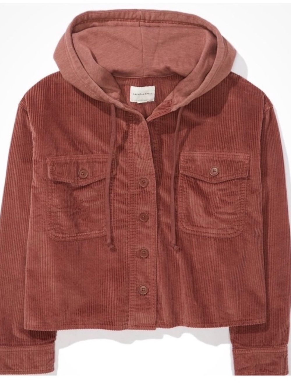 American Eagle Corduroy Button-Up Hoodie Shacket in Rust
